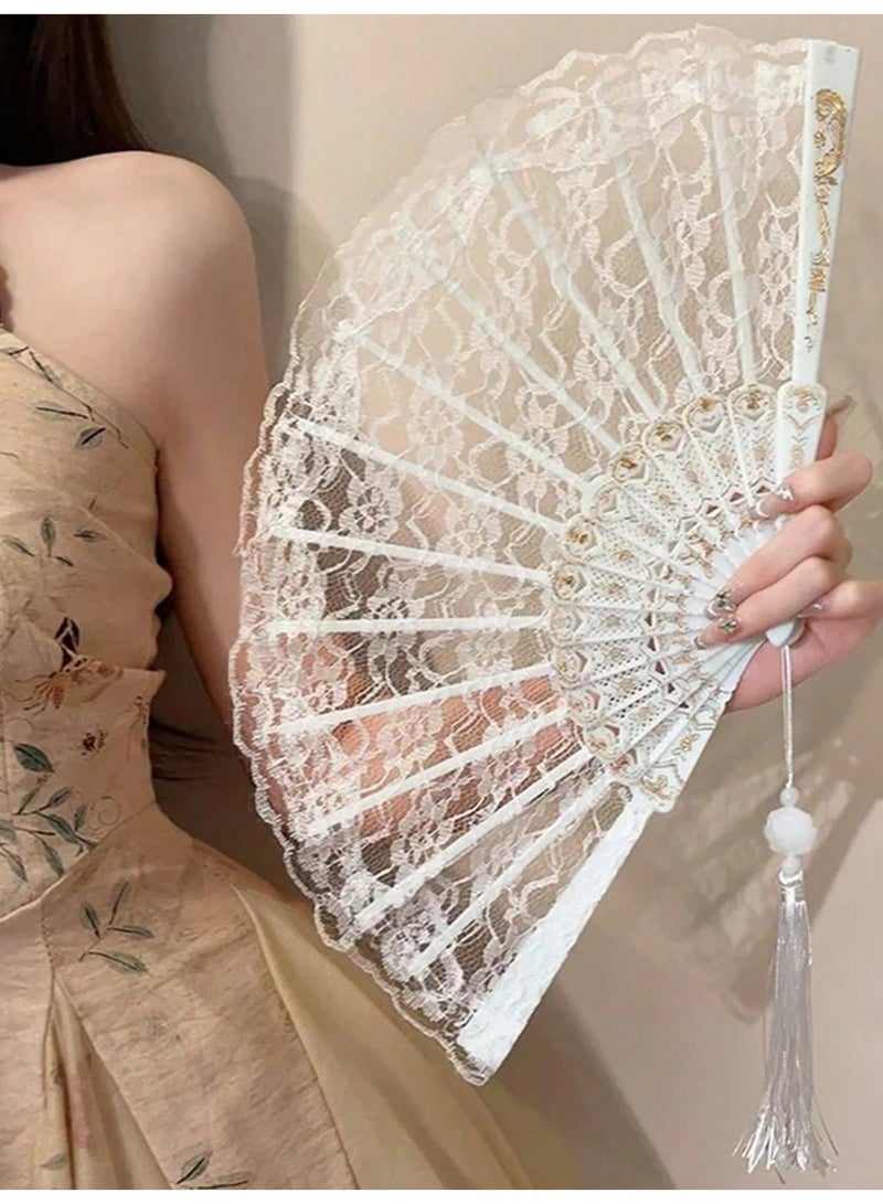 1 Piece Vintage French Folding Hand Fan With Lace And Tassel For Summer Dance Party - Image 3