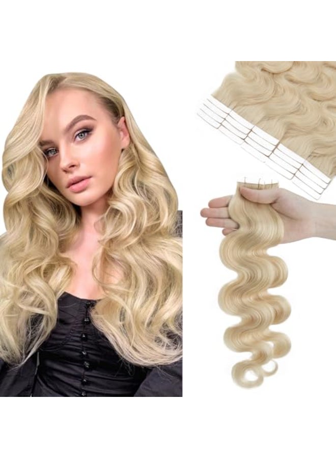 Hairro 22 Inch Tape in Human Hair Extensions Wavy Thin Long Hair 50g 20pcspack Seamless Skin Weft Glue in Body Wave Human Hairpieces with Invisible Double Sided Tape 60 Platinum Blonde