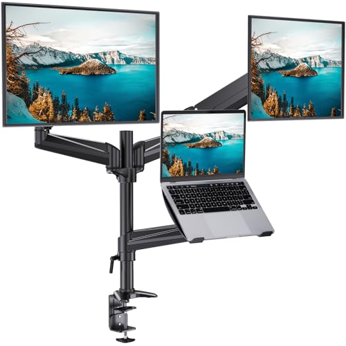 HUANUO Dual Monitor and Laptop Mount for Max 32” Monitor and 17” Laptop, Adjustable Arm with Tilt, Swivel and Rotation, Dual Monitor and Notebook Stand with VESA Bracket 75/100 mm - Image 1