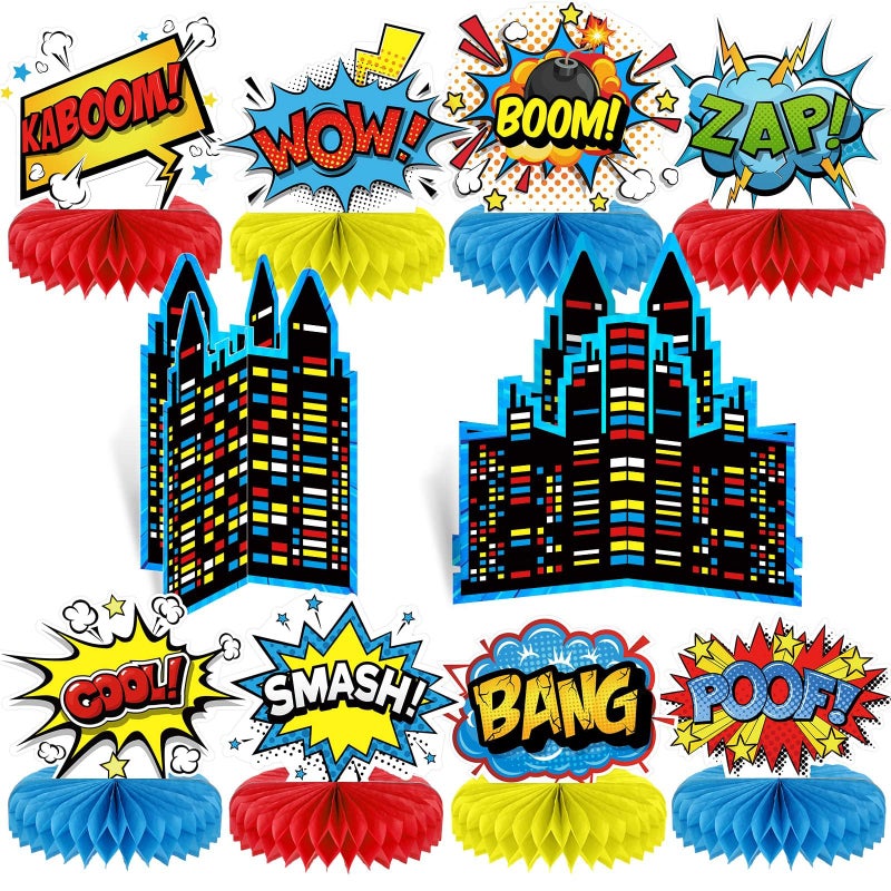 Tevxj Set of 10 Hero Themed Party Decoration hero Honeycomb Centerpieces Action Sign Table Centerpiece Fun Hero Theme Party Table Topper Decor for Happy Birthday Baby Shower Supplies Favor - Image 1