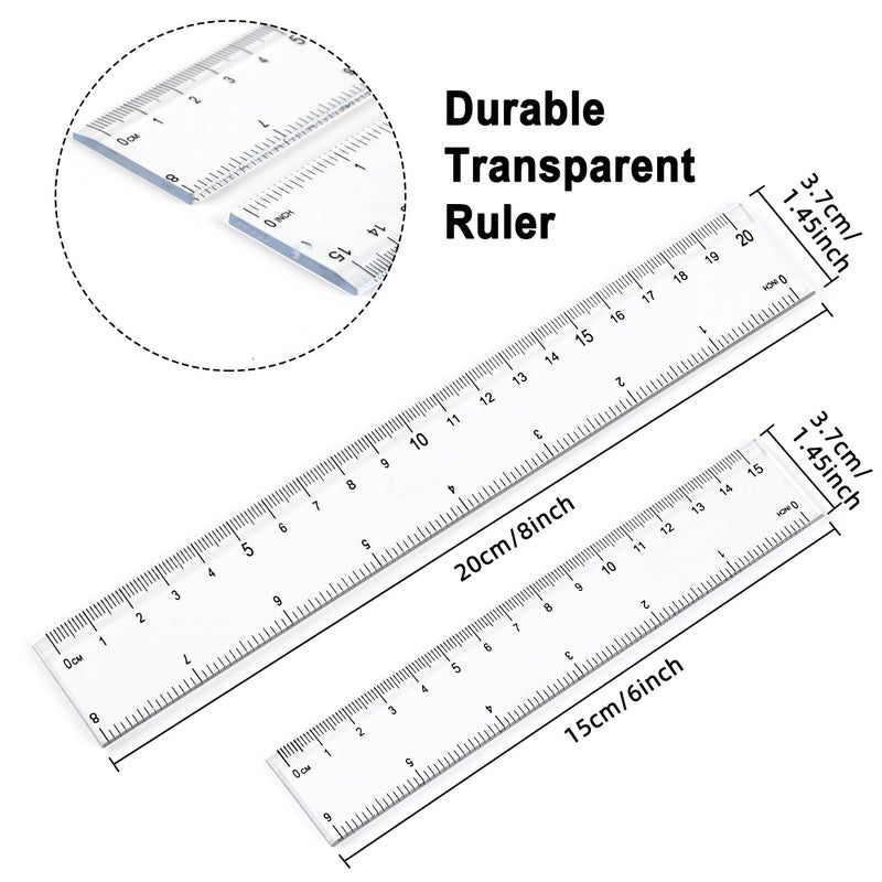 JOYLOYAL 4 Pack Plastic Measuring Tool - 8 inch & 6 inch Straight Ruler with Inches and Metric for School, Office, Construction (Clear, 20cmx2, 15cmx2) - Image 2