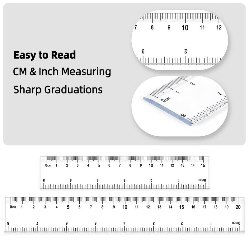 JOYLOYAL 4 Pack Plastic Measuring Tool - 8 inch & 6 inch Straight Ruler with Inches and Metric for School, Office, Construction (Clear, 20cmx2, 15cmx2) - Image 3