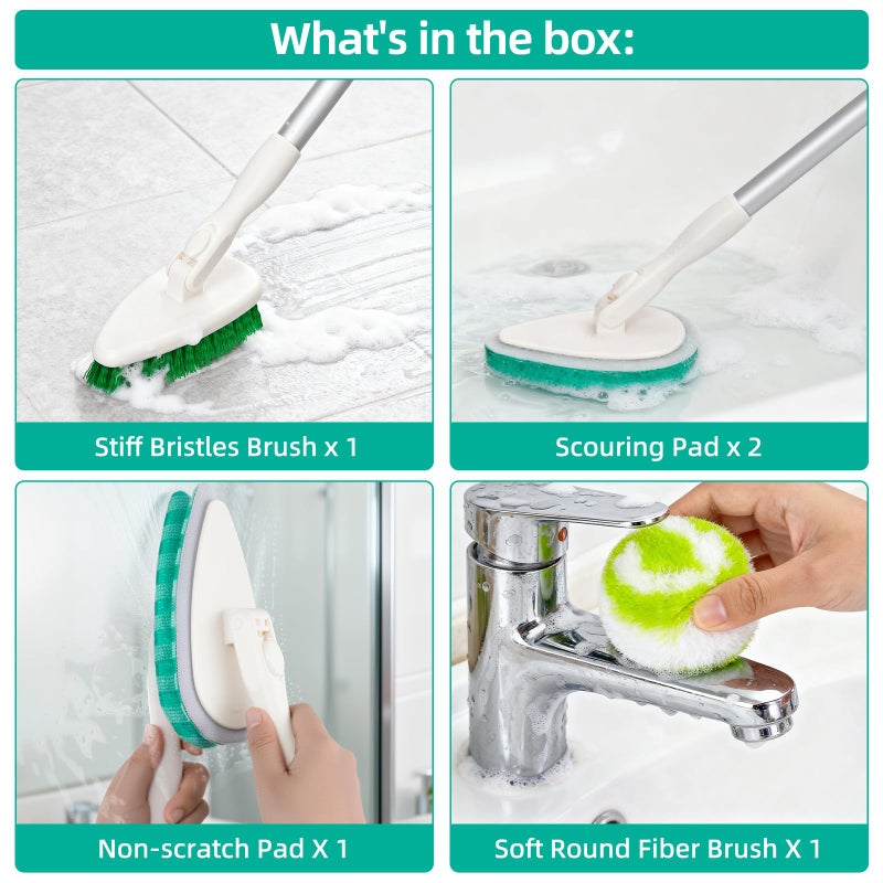 Qaestfy 4-in-1 Tub and Tile Shower Scrubber, 51'' Bathtub Cleaning Brush with Long Handle, Soft & Stiff Bristles Bathroom Scrub Brush, Non-Scratch Shower Cleaner Brush for Cleaning - Image 3