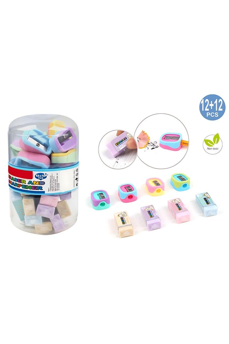 Share the Love Share The Love Combo Eraser + Sharpener Set – 24pcs for Kids, School Stationery, Craft Kits & Classrooms – Soft Erasers & Manual Sharpeners for Everyday Use  - Image 1