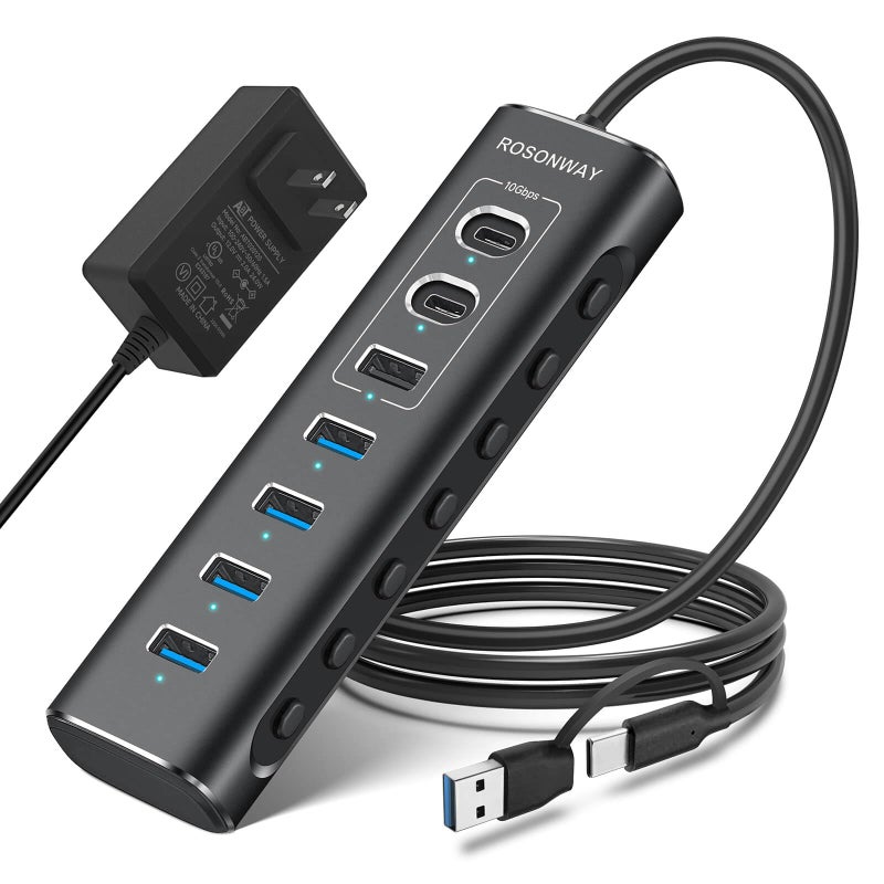 Rosonway Powered USB Hub, Rosonway 7-Port USB 3.2/USB C Hub with 10Gbps USB-A 3.2, 2 USB-C 3.2, 4 USB 3.0 Ports, Individual Switches and 12V Power Adapter, Aluminum USB Port Expander for Laptop/PC, RSH-A107C - Image 1
