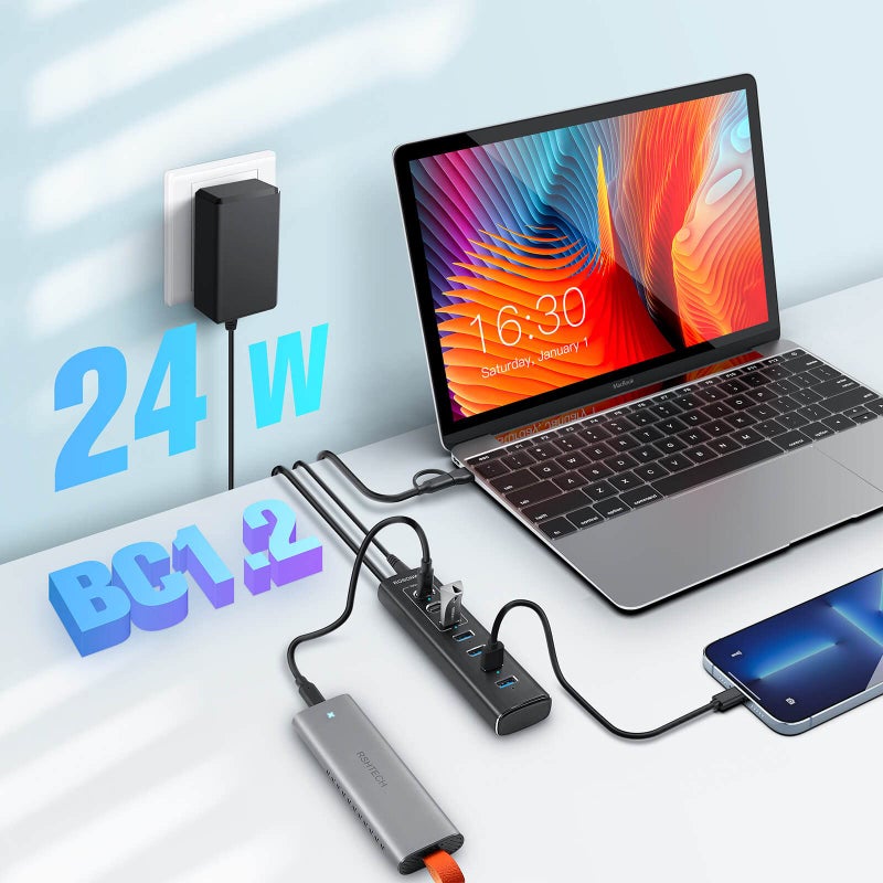 Rosonway Powered USB Hub, Rosonway 7-Port USB 3.2/USB C Hub with 10Gbps USB-A 3.2, 2 USB-C 3.2, 4 USB 3.0 Ports, Individual Switches and 12V Power Adapter, Aluminum USB Port Expander for Laptop/PC, RSH-A107C - Image 2