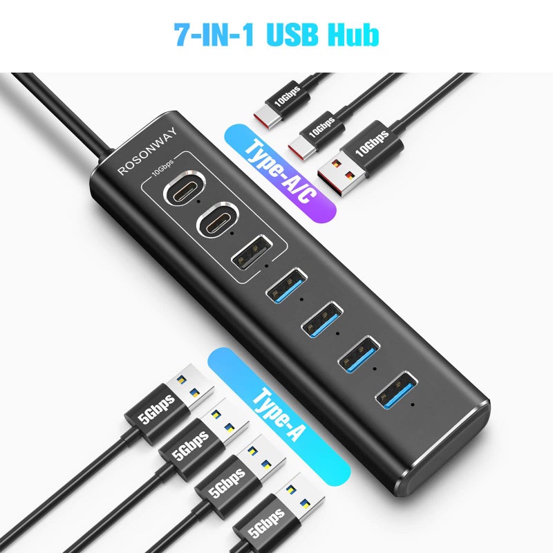 Rosonway Powered USB Hub, Rosonway 7-Port USB 3.2/USB C Hub with 10Gbps USB-A 3.2, 2 USB-C 3.2, 4 USB 3.0 Ports, Individual Switches and 12V Power Adapter, Aluminum USB Port Expander for Laptop/PC, RSH-A107C - Image 5