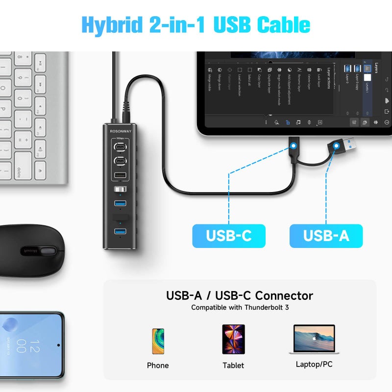 Rosonway Powered USB Hub, Rosonway 7-Port USB 3.2/USB C Hub with 10Gbps USB-A 3.2, 2 USB-C 3.2, 4 USB 3.0 Ports, Individual Switches and 12V Power Adapter, Aluminum USB Port Expander for Laptop/PC, RSH-A107C - Image 4