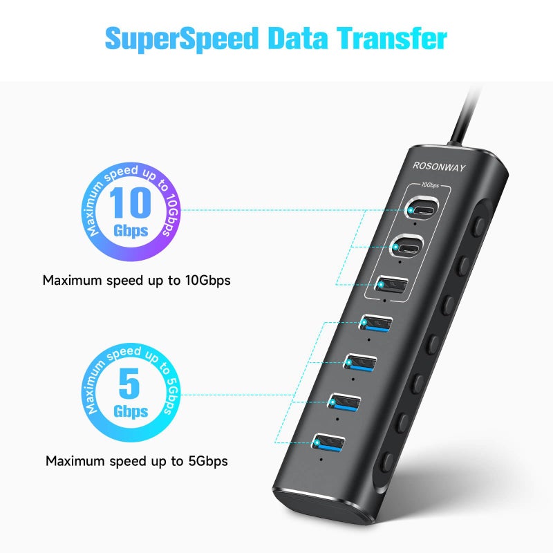 Rosonway Powered USB Hub, Rosonway 7-Port USB 3.2/USB C Hub with 10Gbps USB-A 3.2, 2 USB-C 3.2, 4 USB 3.0 Ports, Individual Switches and 12V Power Adapter, Aluminum USB Port Expander for Laptop/PC, RSH-A107C - Image 3