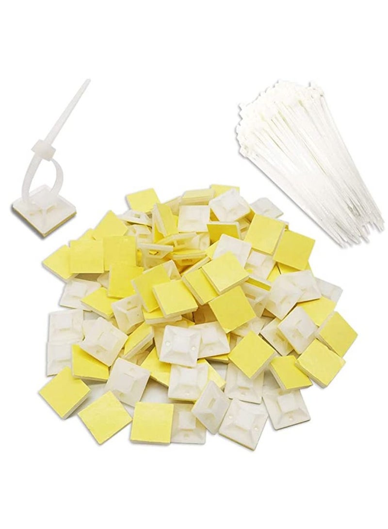 Snowlite Pack Of 100 Pcs White Cable Tie Bases 20mm X 20mm Self Adhesive Cable Holders Mounts With 100 Nylon Cable Ties 35mm X 100mm Zip Ties - Image 1