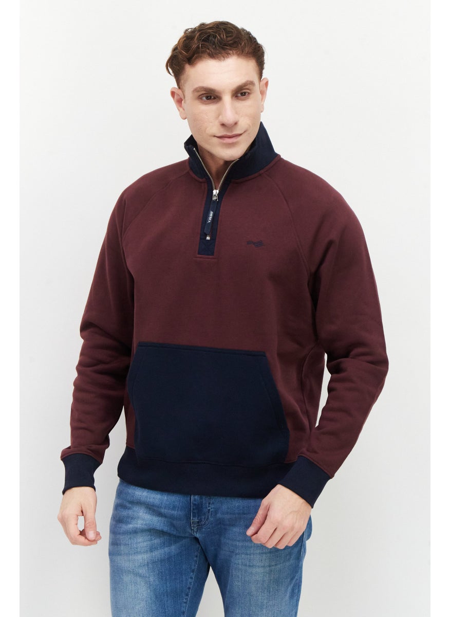 PERRY ELLIS Men Mock Neck Half Zip Sweatshirt, Burgundy  - Image 1