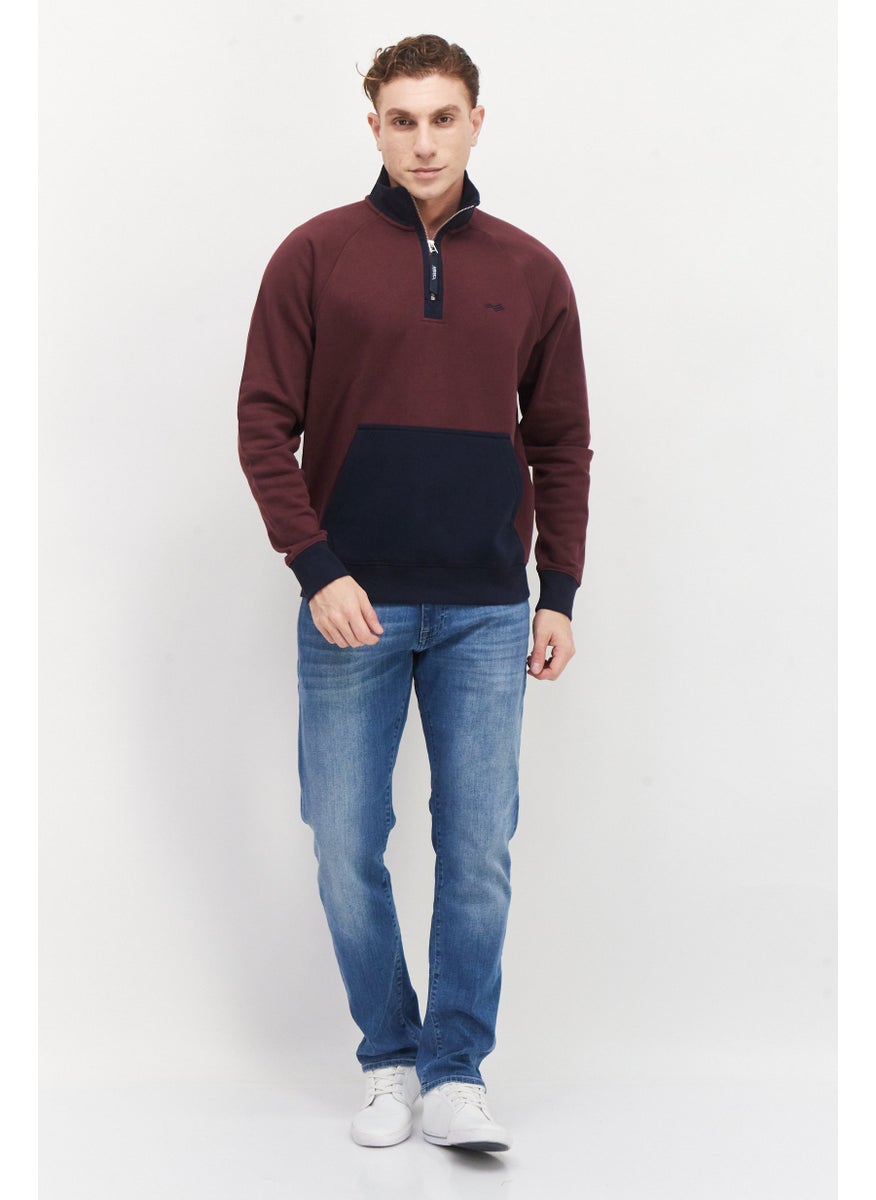 PERRY ELLIS Men Mock Neck Half Zip Sweatshirt, Burgundy  - Image 3