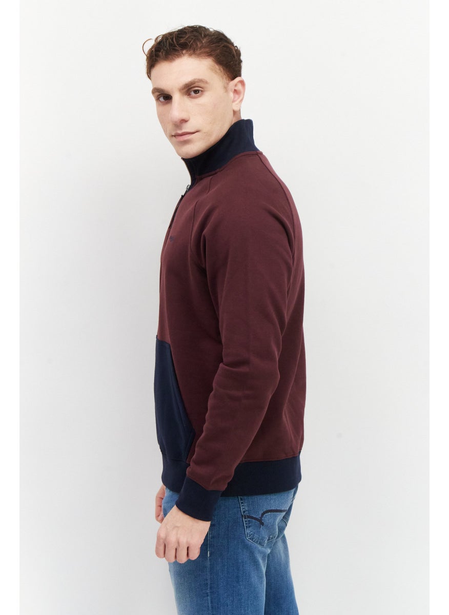 PERRY ELLIS Men Mock Neck Half Zip Sweatshirt, Burgundy  - Image 4