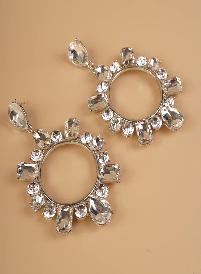 يرتير أقراط YERTTER الأنيقة كبيرة الحجم، دائرية كبيرة، فضية اللون، متدلية، مرصعة بالكامل بأحجار الراين الكريستالية، أقراط براقة لامعة، إكسسوارات مميزة للأذن لحفلات الزفاف - Image 3