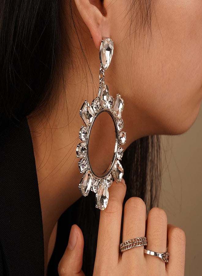 يرتير أقراط YERTTER الأنيقة كبيرة الحجم، دائرية كبيرة، فضية اللون، متدلية، مرصعة بالكامل بأحجار الراين الكريستالية، أقراط براقة لامعة، إكسسوارات مميزة للأذن لحفلات الزفاف - Image 5