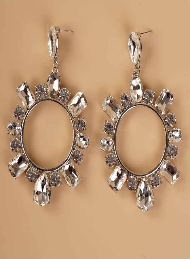 يرتير أقراط YERTTER الأنيقة كبيرة الحجم، دائرية كبيرة، فضية اللون، متدلية، مرصعة بالكامل بأحجار الراين الكريستالية، أقراط براقة لامعة، إكسسوارات مميزة للأذن لحفلات الزفاف - Image 4