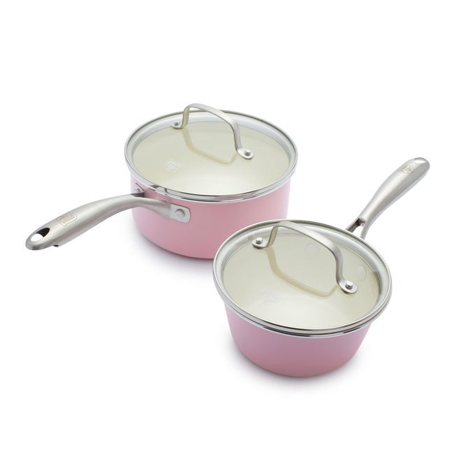 ARTISAN HEALTHY CERAMIC NONSTICK 1QT AND 2QT SAUCEPAN POT SET WITH LIDS STAINLESS STEEL HANDLE INDUCTION PFASFREE DISHWASHER SAFE OVEN SAFE PINK
