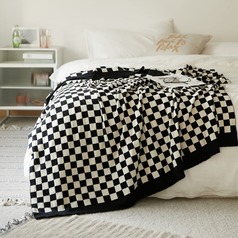 YIRUIO 100 Pure Cotton Throw Blanket Checkered Lightweight UltraThin Knit Weave for Living Room Bedroom Kitchen Bed Couch Sofa Farmhouse Black 51 L x 63 W