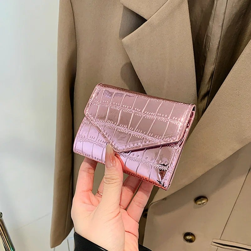 Shiny Leather Flip Wallet & Card Holder with Multiple Pockets - Pink - Image 1