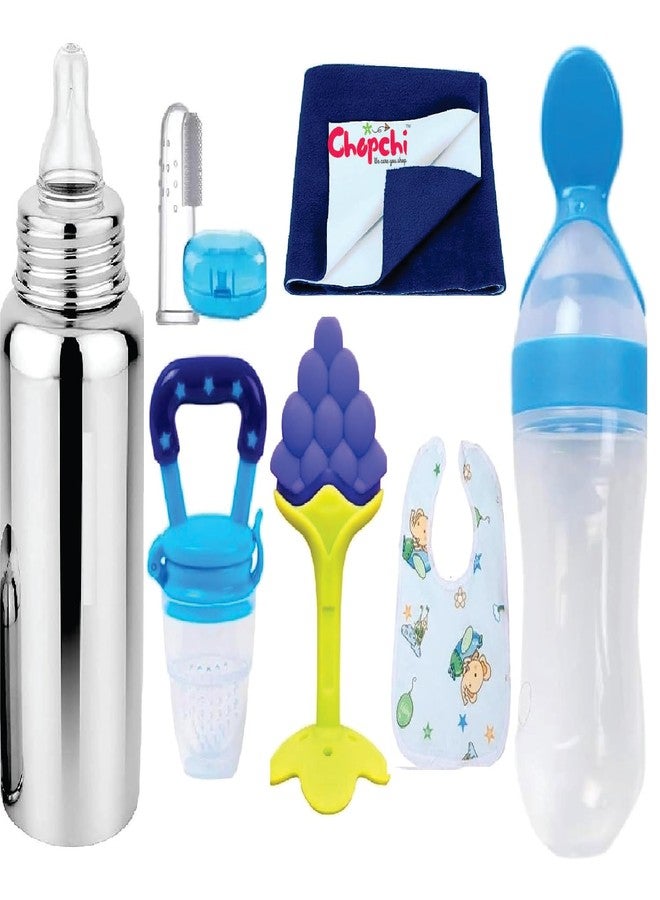 Chopchi Combo of 7 Item Baby Pacifier 1 Pcs, Silicone Spoon 90ML 1 Pcs,Teether 1 pcs,Finger Brush 1 Pcs,Royal Blue Dry Sheet Small Size 50x70cm 1 Pcs, Baby bib 1 pcs & Steel Bottle 240 ML(Blue Set) - Image 1