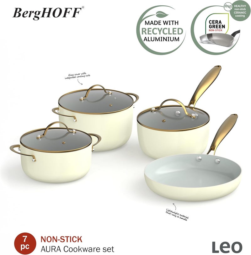Berghoff Aura Nonstick Ceramic Cookware Set 7 Piece, Non-toxic, Stay-Cool Handles, PFAS & PFOA Free, Induction Base, Oven Safe, Sage/Soft Oliver Green - Image 3