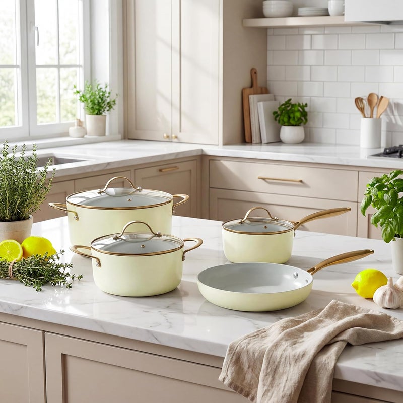 Berghoff Aura Nonstick Ceramic Cookware Set 7 Piece, Non-toxic, Stay-Cool Handles, PFAS & PFOA Free, Induction Base, Oven Safe, Sage/Soft Oliver Green - Image 4
