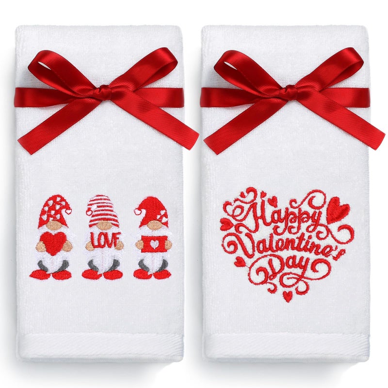 NEWLIGHTURE Valentines Day Hand Towels 100% Cotton Embroidered Red Gnome Heart Decorative Bathroom Kitchen Dish Towels Set Gift Set of 2 14x29 inch - Image 1