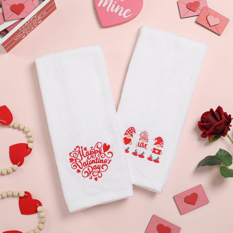 NEWLIGHTURE Valentines Day Hand Towels 100% Cotton Embroidered Red Gnome Heart Decorative Bathroom Kitchen Dish Towels Set Gift Set of 2 14x29 inch - Image 2