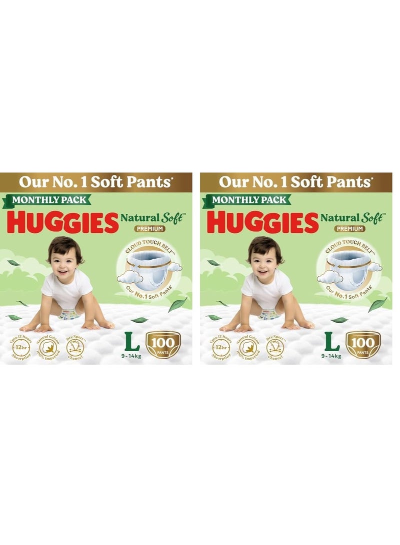 Huggies Natural Soft Premium Baby Diaper Pants, Our No.1 Soft Pants, Large (L) Size (9-14 Kgs), Monthly Pack of 100*2 diapers | Cloud Softness All over with India's 1st Cloud Touch Belt - Image 1