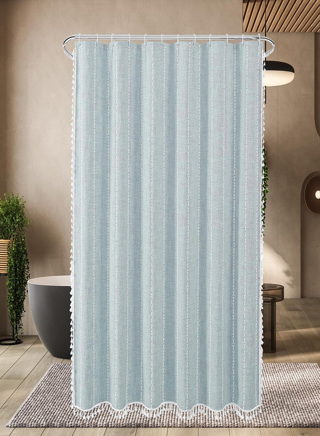 YOSTEV Boho Farmhouse Shower Curtain, Blue Shower Curtains for Bathroom Decor, Modern Linen Blend Fabric Vintage Rustic Country Tassel Weighted Design, Thick Waterproof Cloth, 72 x 72 Inch - Image 2