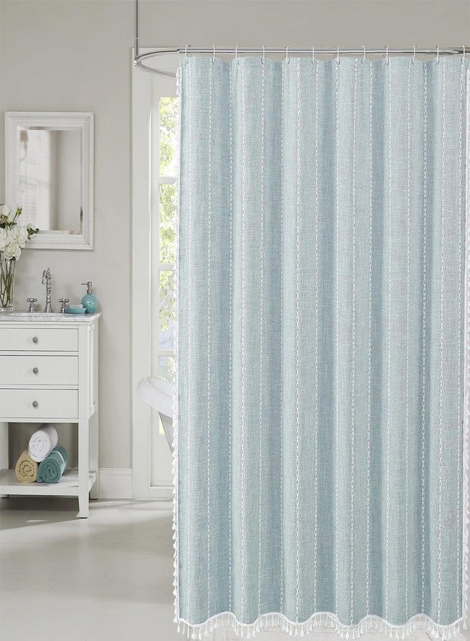 YOSTEV Boho Farmhouse Shower Curtain, Blue Shower Curtains for Bathroom Decor, Modern Linen Blend Fabric Vintage Rustic Country Tassel Weighted Design, Thick Waterproof Cloth, 72 x 72 Inch - Image 1
