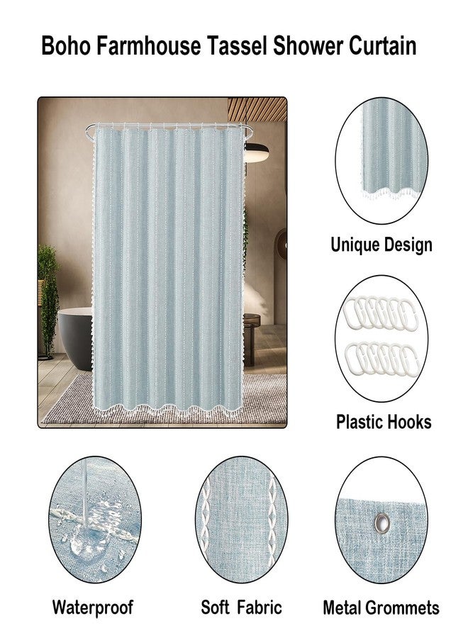 YOSTEV Boho Farmhouse Shower Curtain, Blue Shower Curtains for Bathroom Decor, Modern Linen Blend Fabric Vintage Rustic Country Tassel Weighted Design, Thick Waterproof Cloth, 72 x 72 Inch - Image 3