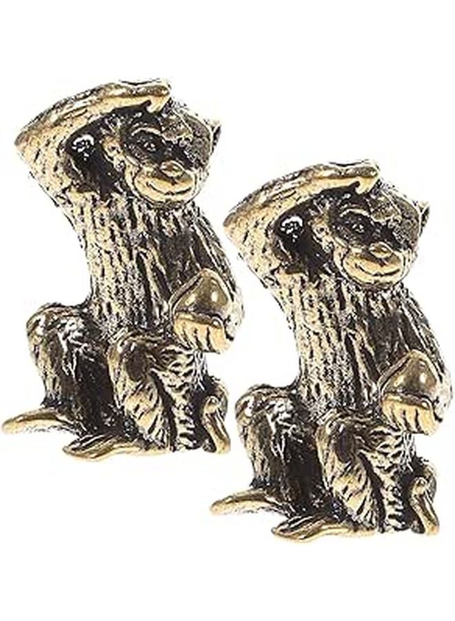 Brass Monkey Figurine Set Of 2 Peach Picking Animal Ornament Home Office Decor - Image 1