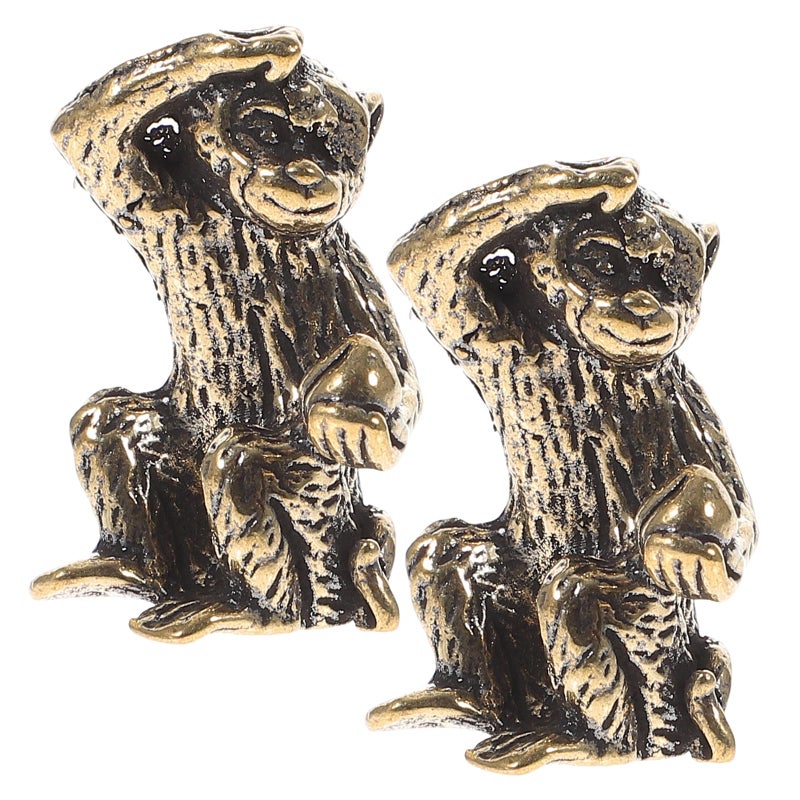 Brass Monkey Figurine Set Of 2 Peach Picking Animal Ornament Home Office Decor - Image 2