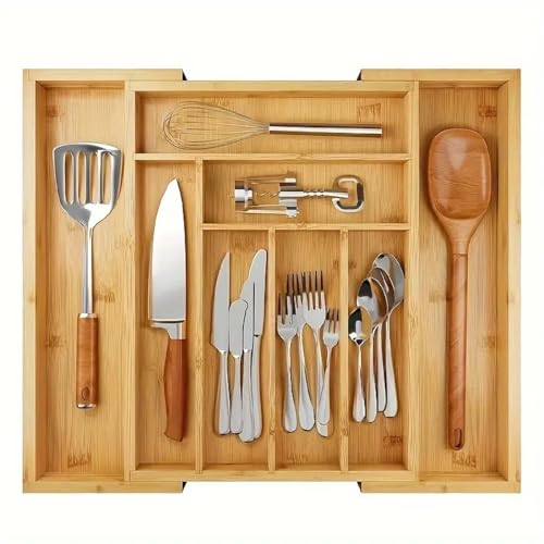 FunBlast Bamboo Cutlery Tray for Kitchen Drawer, Modular Kitchen Basket, 19-inch-Long Tandem Basket Drawer (50 X 43 cm) - Image 1