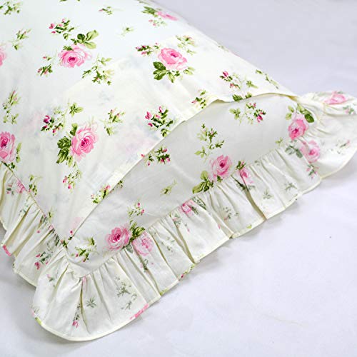 FADFAY Farmhouse Style Pillowcases Pink Rosetta Printed Gold with Green Plaid Elegant Country Style 100% Cotton Vintage Lace Ruffles Bedding Pillow Covers Exquisite Craft Standared Size 19" x 29" - Image 3