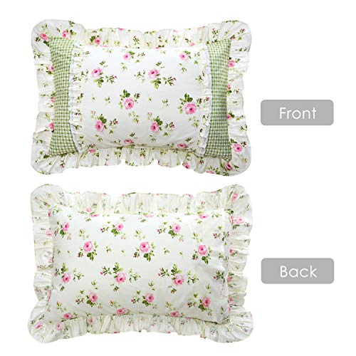 FADFAY Farmhouse Style Pillowcases Pink Rosetta Printed Gold with Green Plaid Elegant Country Style 100% Cotton Vintage Lace Ruffles Bedding Pillow Covers Exquisite Craft Standared Size 19" x 29" - Image 2