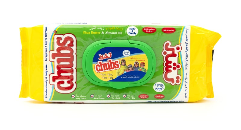 Chubs مناديل مبللة عائلية بزبدة الشيا وزيت اللوز - مناديل كبيرة جدًا خالية من الكحول - عبوة 40 منديل - Image 1