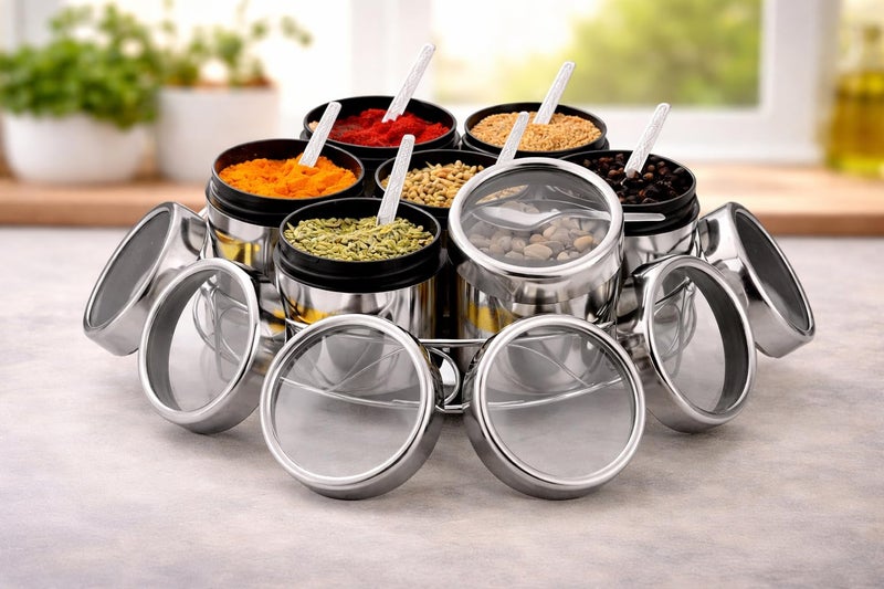 VISAXMI 7 in 1 Stainless Steel Spice Jar set 175 ml | Masala Container with Transparent lid | Masala Dabba for Kitchen | Masala Steel Dabba | Masala Box (7Pc Jars, 7Pc Spoons, 1Pc Stand) - Image 1