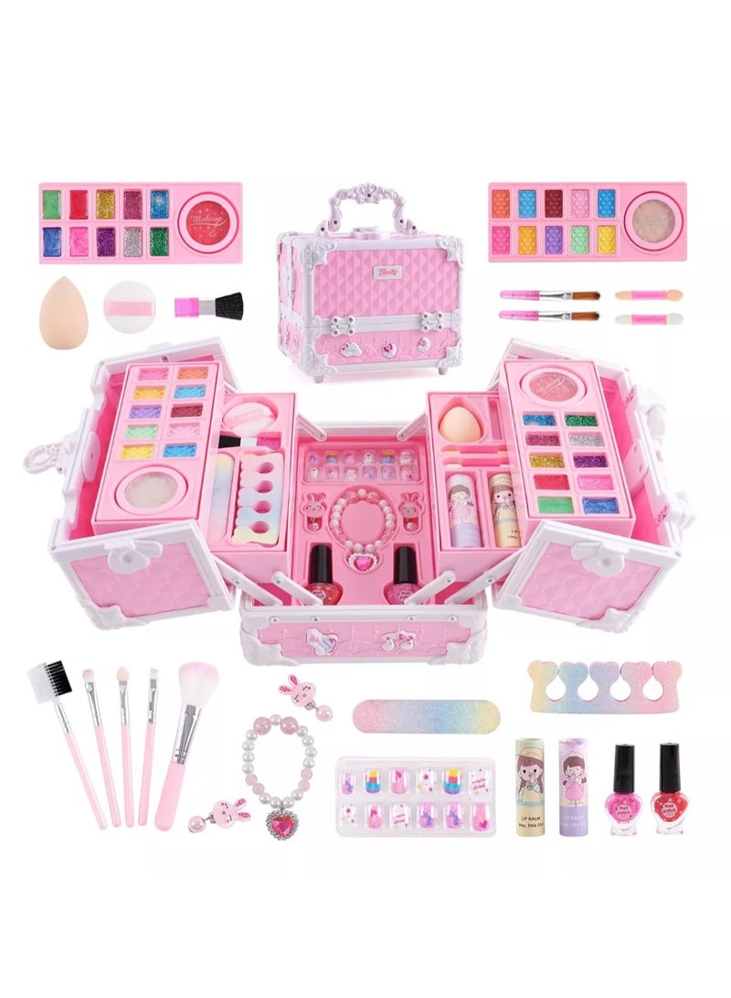 Makeup Set for Girls, Washable Cosmetic Kit, Makeup Box Suitcase Includes Lipstick/Eyeshadows/Nail Polish/Stickers, Kid Toy Gift - Image 1