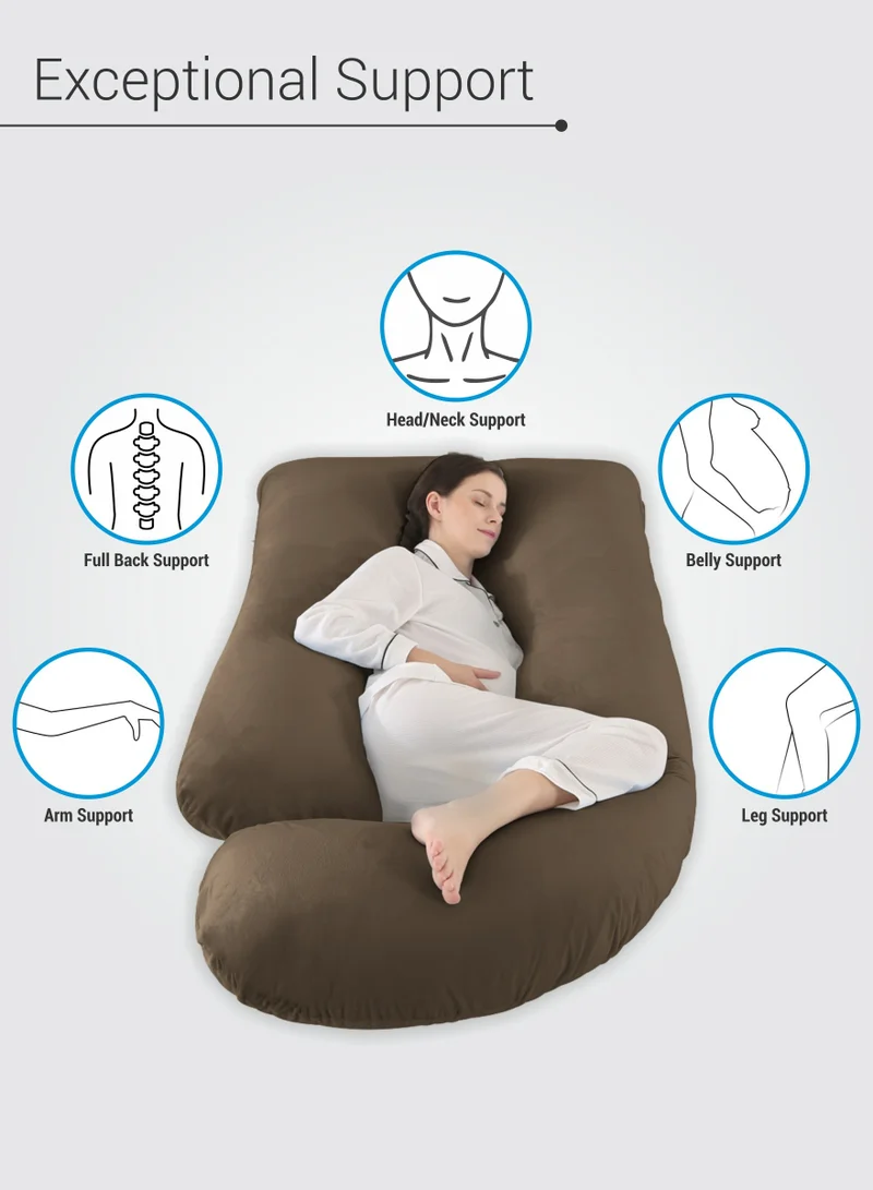 Donetella Pregnancy Pillow G-Shape Long Maternity Pillow, 180 Cm Full Body Support, Removable and Washable Velvet Cover-Complete Support for Back, Hips, Legs, Belly,Brown