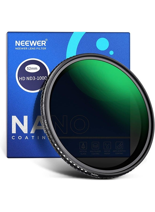 52mm Variable ND Filter ND3-ND1000, 1.5-10 Limited Stops Neutral Density Filter with HD Optical Glass  Double Sided 30 Layer Nano Coatings, Water Repellent/Scratch Resistant/Aluminum Frame - Image 1