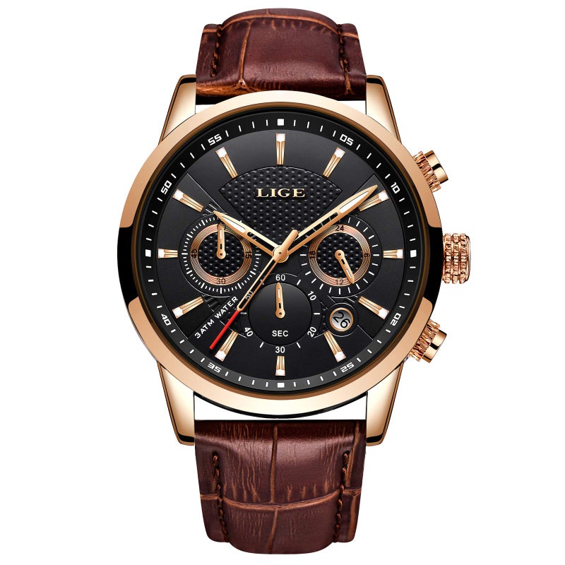 LIGE Wrist Leather Watches for Men Analog Dress Chronograph Waterproof Vintage Work Casual Quartz with Date Display Chronograph Luminous 30M Water Resistant Business Classic Mens Watch,Gold Black - Image 1
