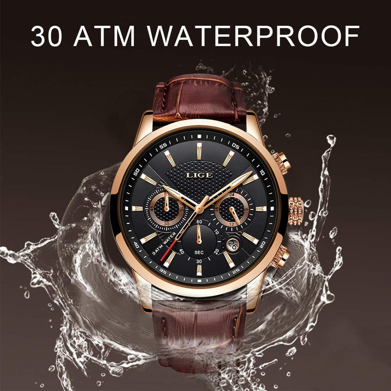 LIGE Wrist Leather Watches for Men Analog Dress Chronograph Waterproof Vintage Work Casual Quartz with Date Display Chronograph Luminous 30M Water Resistant Business Classic Mens Watch,Gold Black - Image 5