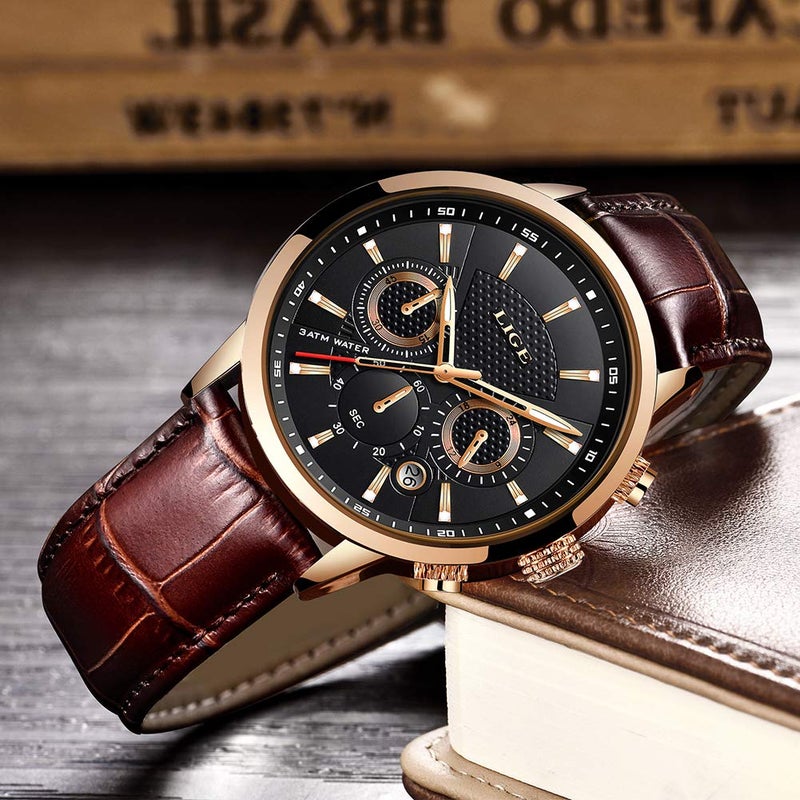 LIGE Wrist Leather Watches for Men Analog Dress Chronograph Waterproof Vintage Work Casual Quartz with Date Display Chronograph Luminous 30M Water Resistant Business Classic Mens Watch,Gold Black - Image 2