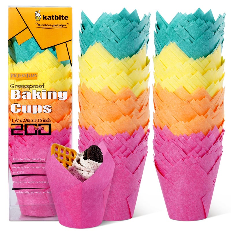 katbite Katbite Tulip Cupcake Liners 200PCS Muffin Liners Baking Cups Cupcake Wrapper for Party Wedding Birthday Colourful Cupcake Liners Standard Size 