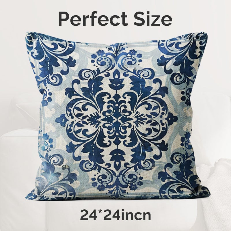 M-Qizi Vintage Blue and White Throw Pillow Covers 24x24 Set of 4, Retro Boho Ethnic Navy Blue Moroccan Tile Mediterranean Decorative Pillow Covers for Home Room, Chinoiserie Decor Pillowcases - Image 2