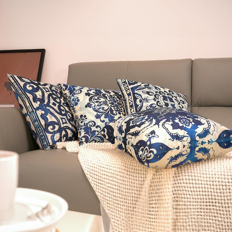 M-Qizi Vintage Blue and White Throw Pillow Covers 24x24 Set of 4, Retro Boho Ethnic Navy Blue Moroccan Tile Mediterranean Decorative Pillow Covers for Home Room, Chinoiserie Decor Pillowcases - Image 4