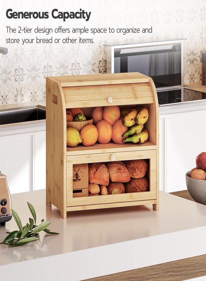 HOOBRO Bread Box, Natural Bamboo Bread Box for Kitchen Countertop, 2 Tier Roll-Top Bread Bin, Food Storage Box, Storage Cabinet, for Kitchen, Dining Room, Natural YL13MB01 - Image 4