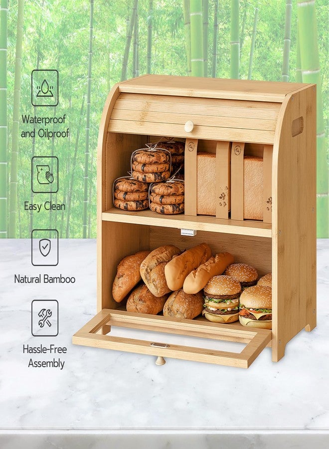 HOOBRO Bread Box, Natural Bamboo Bread Box for Kitchen Countertop, 2 Tier Roll-Top Bread Bin, Food Storage Box, Storage Cabinet, for Kitchen, Dining Room, Natural YL13MB01 - Image 3